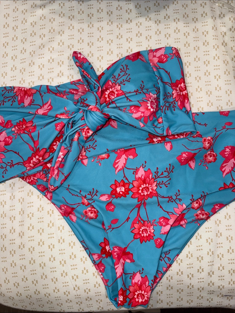 SHEIN Blue Floral Tie-Front Bikini Bottoms with Pink Flowers